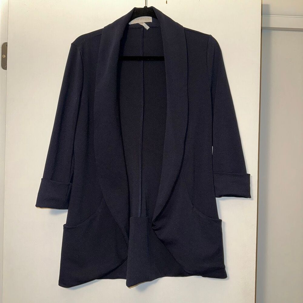 French Mauve Womens Medium Melanie Knit Blazer Jacket Navy Blue 3/4 Sleeve EUC